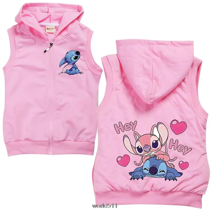 Disney Stitch Spring Autumn Vest Hoodies Cartoon Boys Girls Sweatshirts Children Casual Vest Hood Tops 100cm-170cm Height