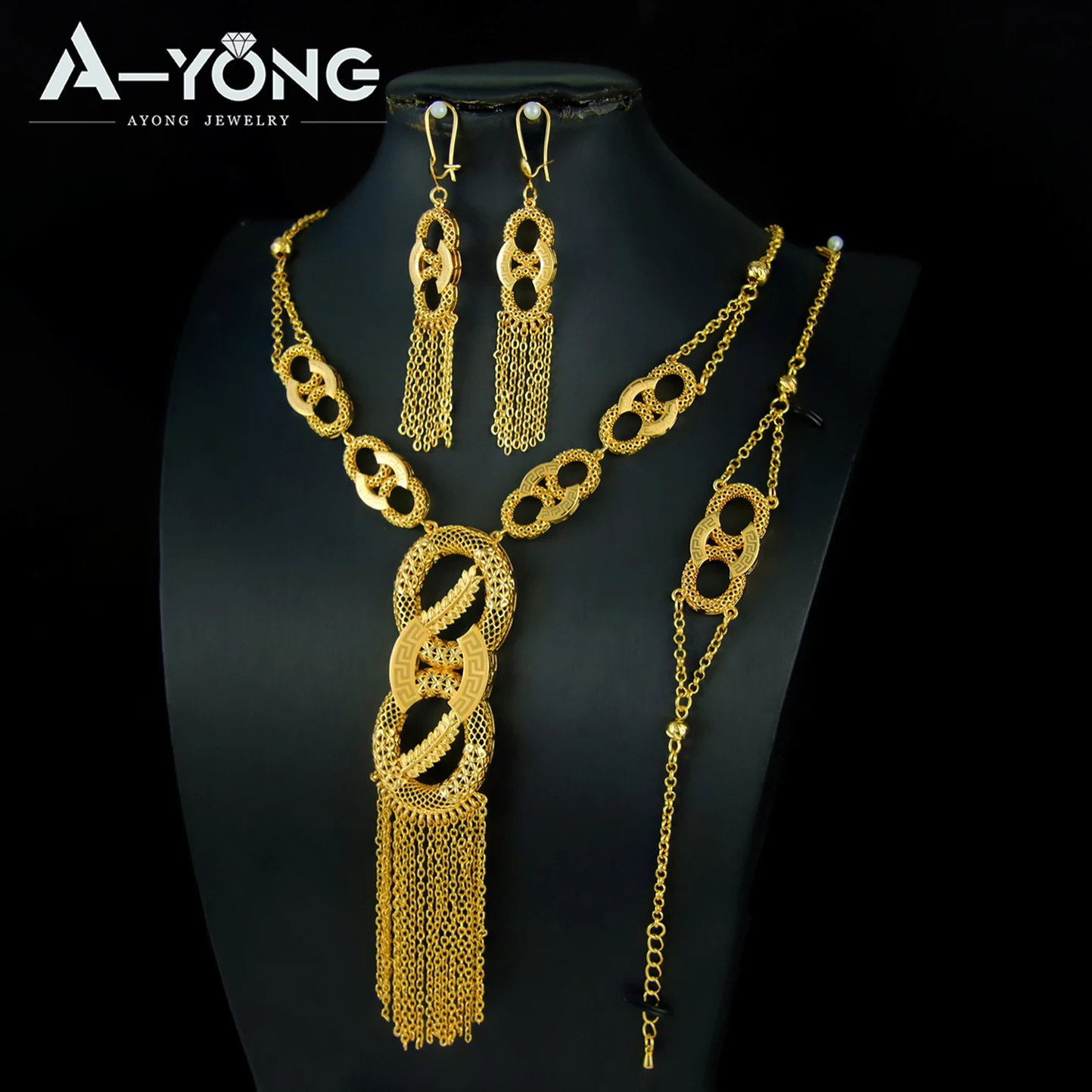 Äthiopisches Brautschmuck-Set 24k Vergoldet Algerische Quasten-Halskette Armband Ohrringe Arabischer Vintage Abaya-Schmuck – Detail 6