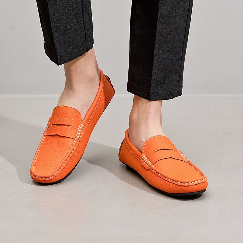 New Business Genuine Leather Loafers Shoes Casual Driving Shoes Men Slip on Fashion Flats Hand Sewn Thread Comfortable Moccasins