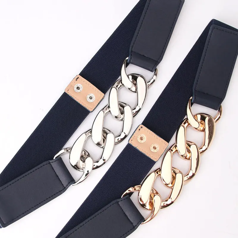 Punk Women Elastic Wide Belts Silver Gold Chain PU Thick Chain Waist Strap Dress Coat Sweater Decorative Waistband for Female