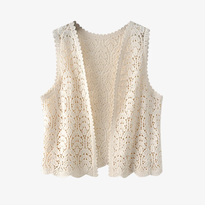 

Women's Open Front Crochet Vest Boho Chic Embroidery Lace Lightweight Openwork Sweater Vest Top Summer Vacation Beach Outfit