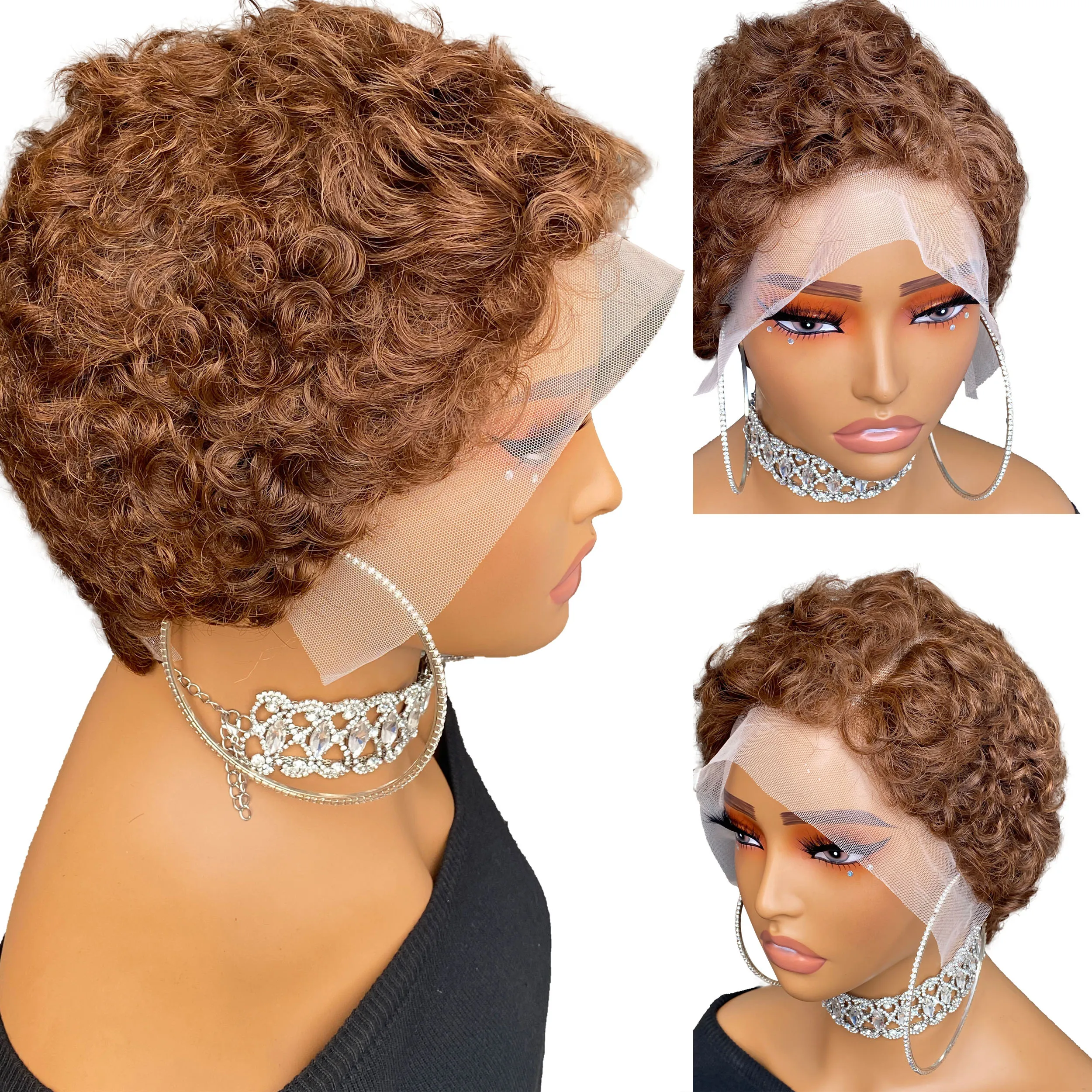 วิกผมบ๊อบสั้นทรงพิกซี่ ทำจากผมแท้  แบบลูกไม้ 13*4  ทรงแอฟโฟรหยิกฟูแบบบราซิล สำหรับผู้หญิง