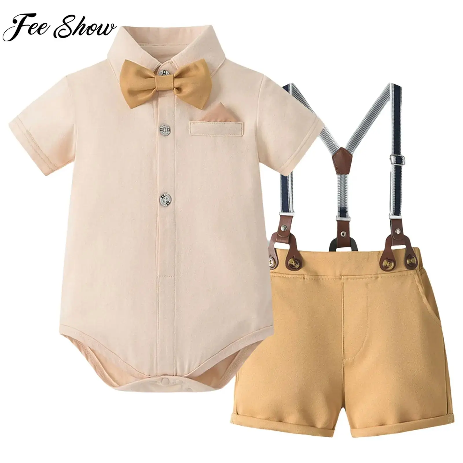 

Toddler Baby Boys Baptism Gentleman Suit Short Sleeve Romper with Bow Tie Suspender Shorts Birthday Wedding Party Formal Outfit