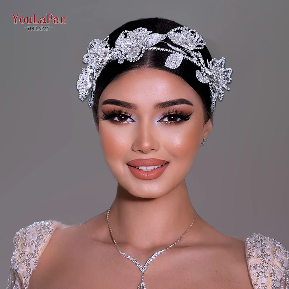 

YouLaPan Bride Flower Headwear Bling Rhinestone Wedding Headband Elegant Women Banquet Hair Accessories Sweet Headdress HP711