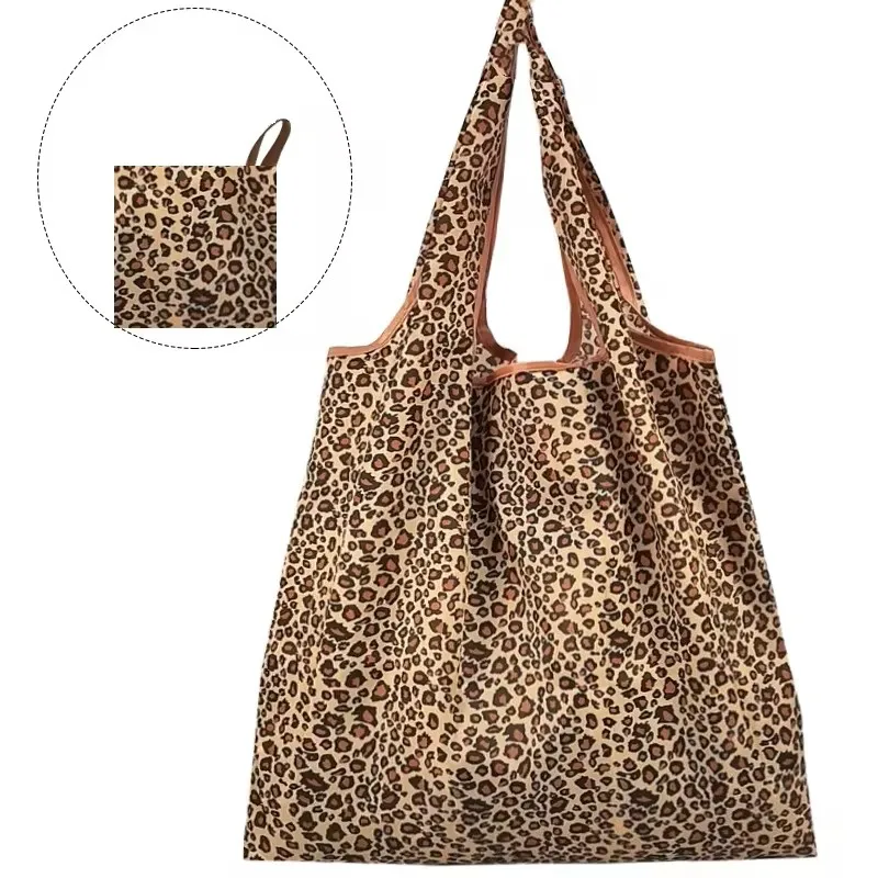 Bolsa de compras de mão com estampa de leopardo de grande capacidade Bolsa dobrável diária feminina