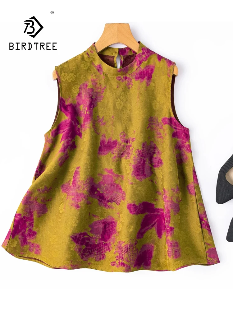 BirdTree-100%Real Silk Watered Gauze Elegant Vest, Stand Jacquard, Women Vacation Casual Loose Tank Top, 2026 Summer T68359CC