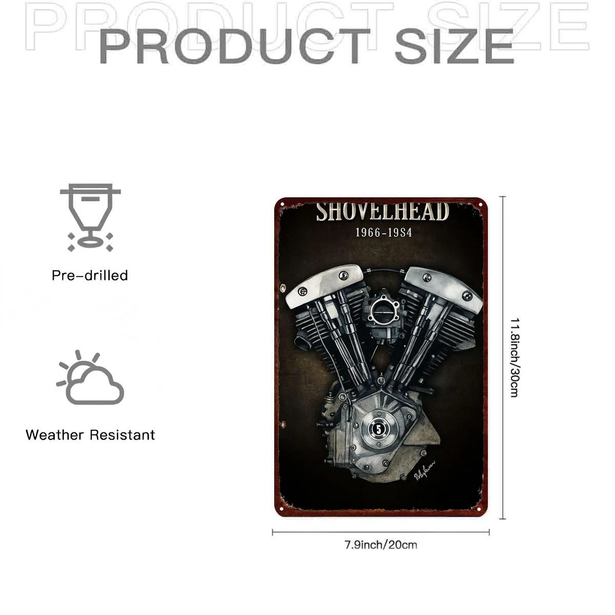 2D Flat, 2D Flat 1pc, Vintage Shovelhead Motorcycle Engine Metal Art Wall Decor (1966-1984) 20.32×30.48 cm, 2D Flat