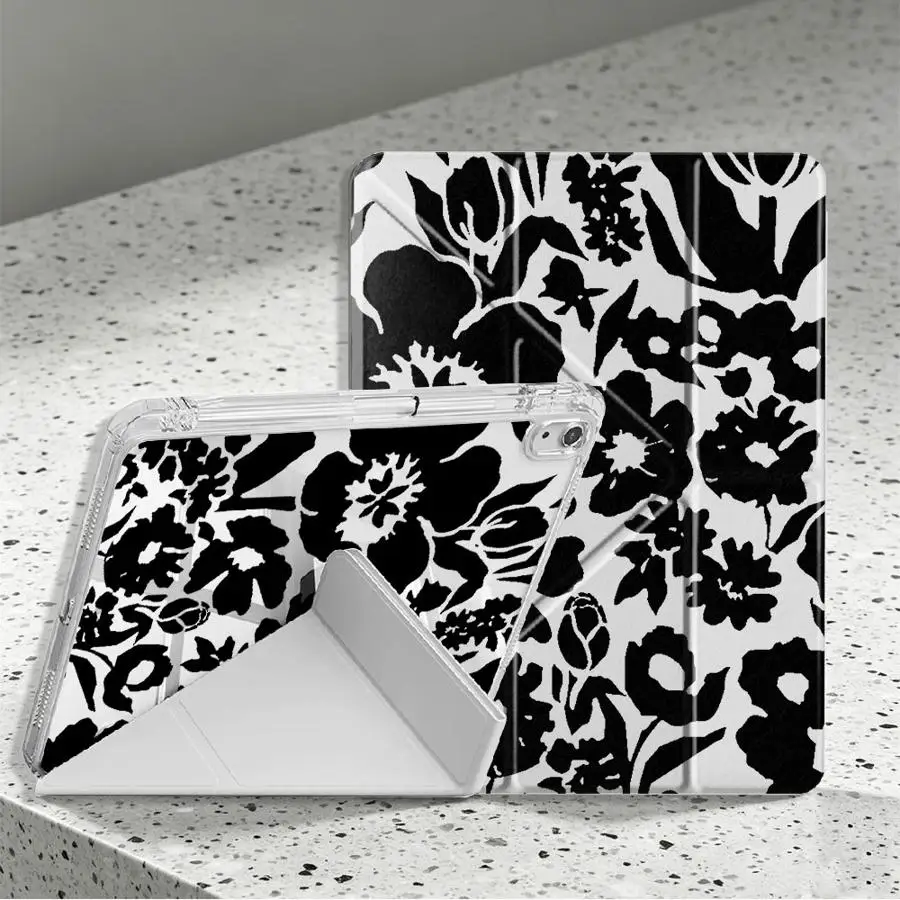 Tablet Case For Samsung Galaxy Tab A8 A11 S9 Plus S10 Lite A9 Plus S7 FE S8 With Pen Slot Cover Black Flower Art