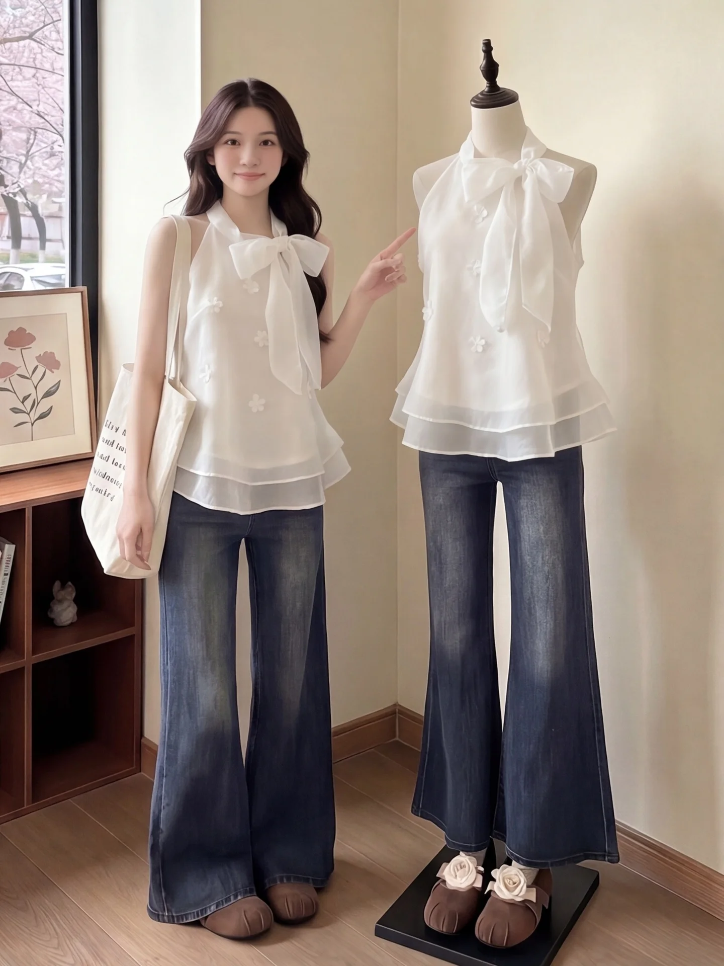 

Stylish Beautiful 3D Flower Knot Necktie Women's Summer Shirt Layered Gentle Shoulder Exposure Top French Style Sli...
