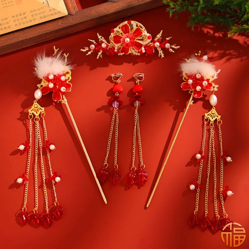 

Classical New Year Chinese Style Hairpin Set Red Tassel Hanfu Hair Stick Alloy Pearl Flower Hair Comb Cheongsam