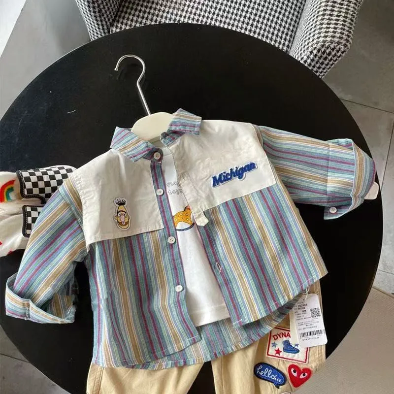 

Kids Clothing Boys' Baby Shirt Spring and Autumn New Korean Edition Children's Handsome Long Sleeve Shirt Coat 80-120CM