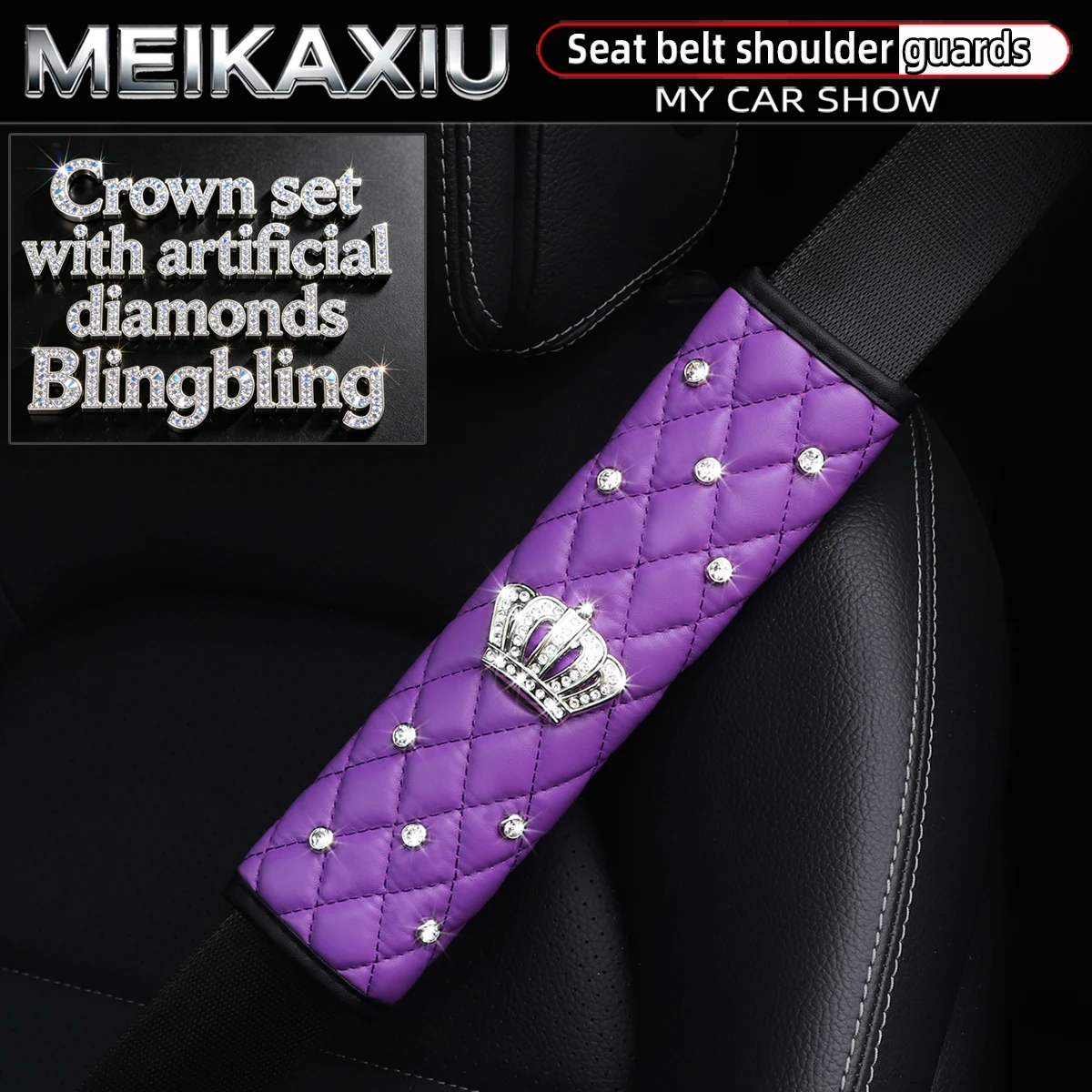 Soft Leather Diamond-Encrusted Crown Car Shoulder Guard 1PC/2PCS Safety Belt Decoration Shiny Accessory for Women's Cars