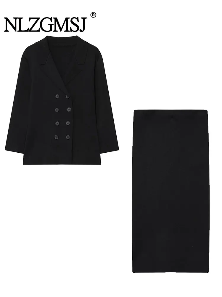 

NLZGMSJ Casual Chic Women Suit Long Sleeve Double-breasted Knitted Top Long Straight Skirt New Fashion 2025 Spring Autumn Suit