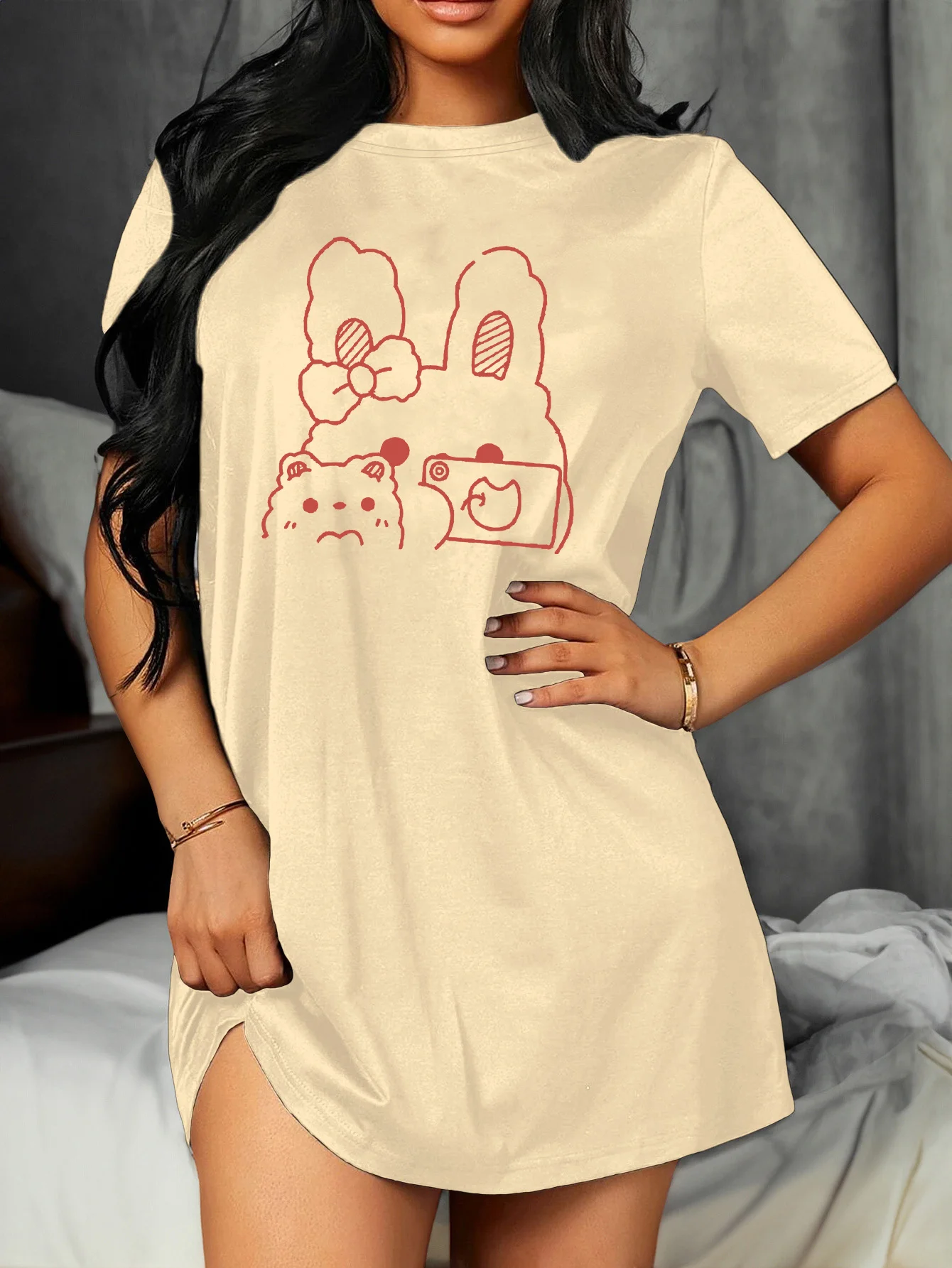 

Fashionable Plus Size Women'S Casual Cartoon Print Short-Sleeve Dress Short Sleeve Pullover Round Neck Dress Oversized Homewear