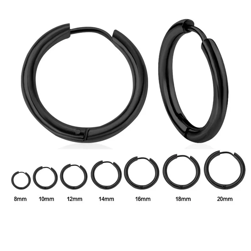 2Pcs Men's Simple Hoops Earrings Black Color Stainless Steel Clip Earring for Men Women Rock Hiphop Circle Ear Piercing Jewelry