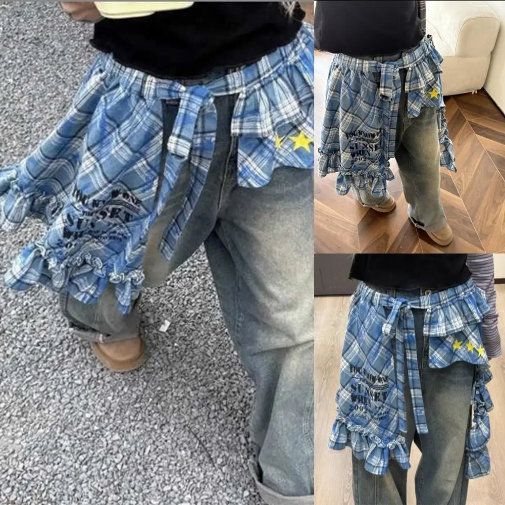 

Jeans Pants Decor Personalized Lace Mini Skirt Irregular Y2K Streetwear Ruched Skirts High Waist Harajuku Butt Curtain