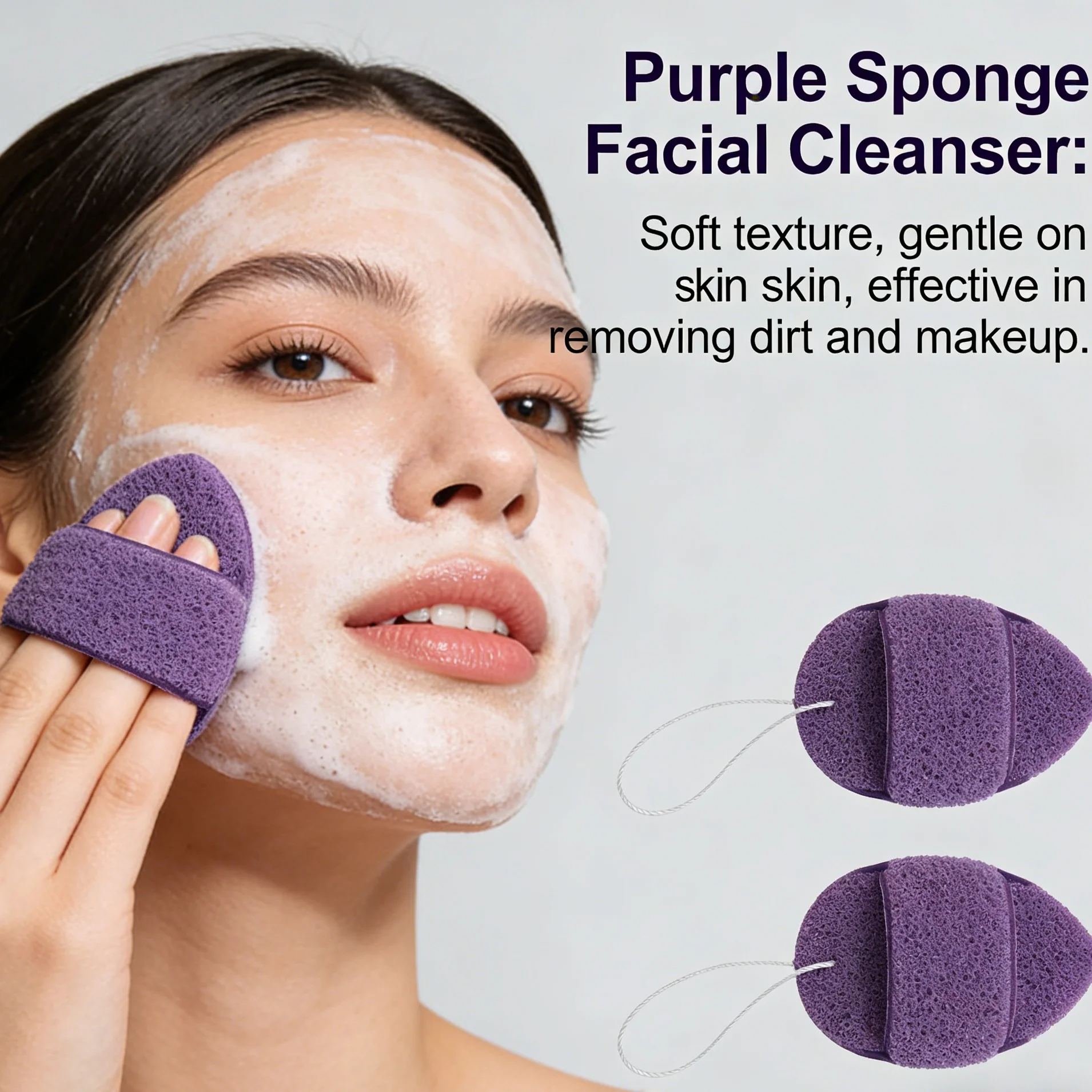 3 esponjas faciais tipo luva, removedoras de maquiagem e limpadoras, tudo em um, com cordão para pendurar e facilitar o secagem.