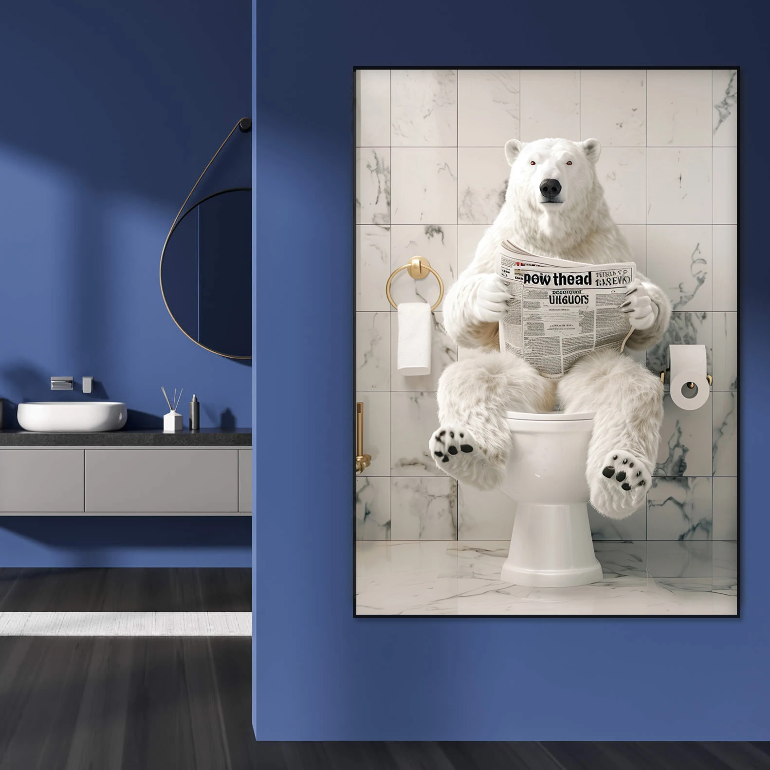 

Cute polar bear Sit On The Toilet And Read English Newspaper Wall Art Canvas Prints Home Bathroom Decoration Gift