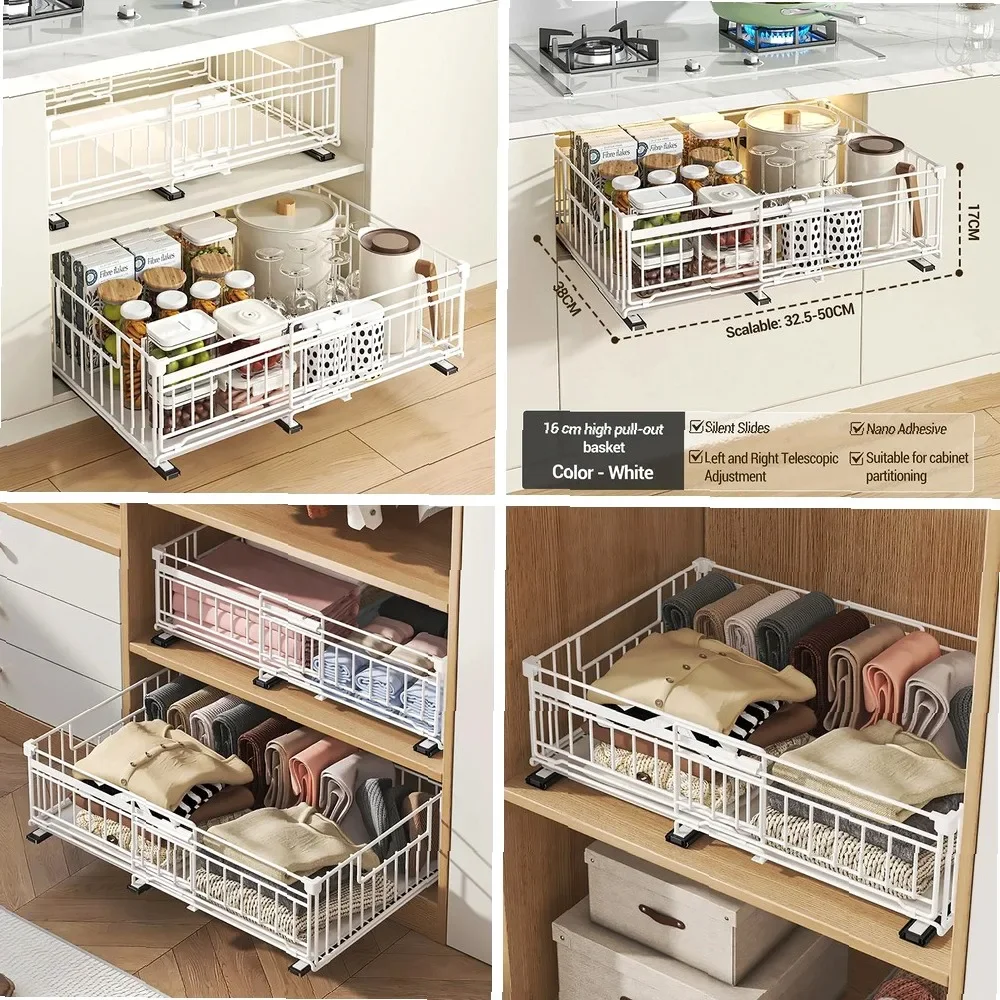 yesExpandable Pull-out Kitchen Shelf Carbon Steel Folding Cabinet Organizer Drawer Storage Shelves Cupboard Sliding Cabinet Bask