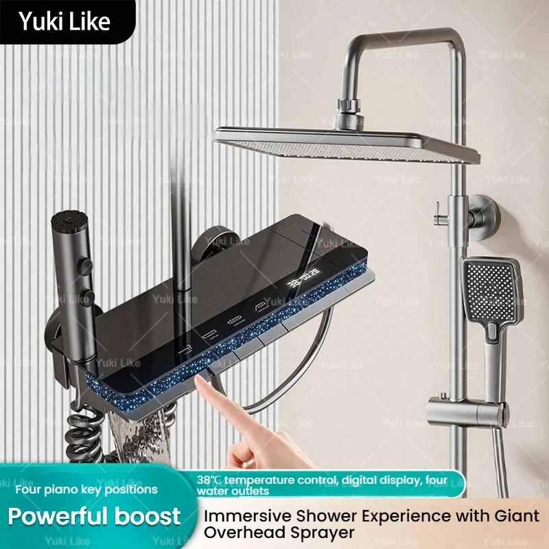 

Gunmetal Gray Boosting Shower System Set Bathroom Thermostatic Intelligent Piano Key Starry Sky Ambient Light Shower Set