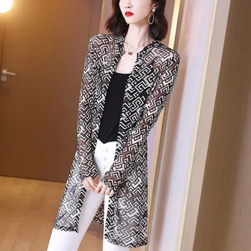 

Oversize Versatile Women's Top Spring Summer New Fashion Print Buttons Standing Collar Long Sleeve Simplicity Commuter Shirt