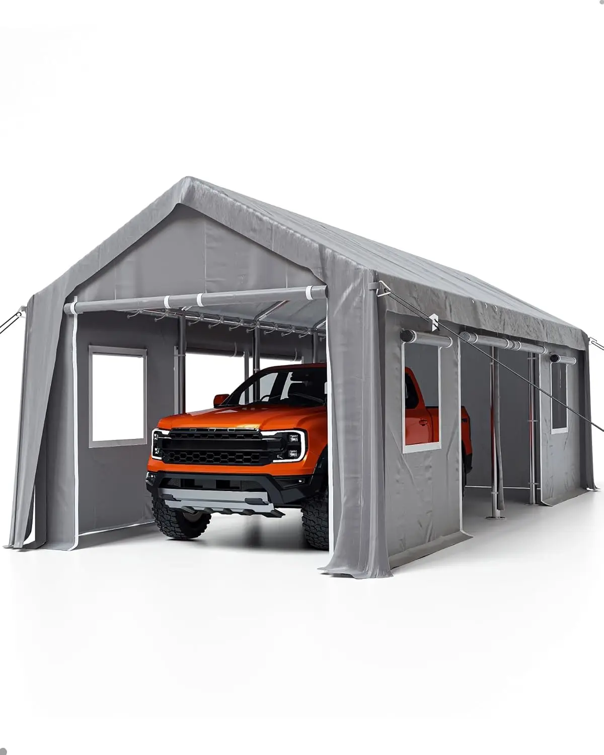 Carport 13 X 25 Ft, Portable Garage With 4 Roll-Up Windows And 6 Doors For All Season, Reinforced Frames, For Sedans And