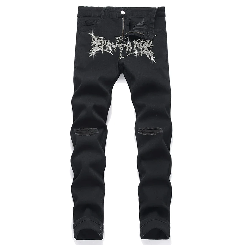 Mens Clothing Black Stretchy Ripped Y2k Jeans Skinny Luxury Hot Drilling Punk Moto Bike Trousers Fashion Man Denim Pencil Pants