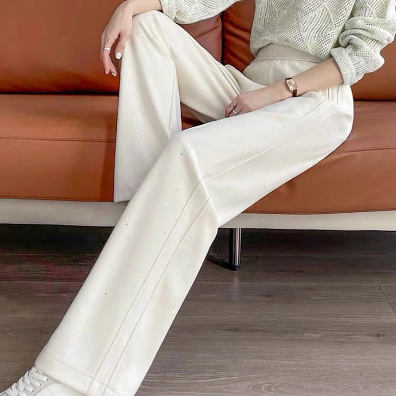 Women's Silk Pants Lady Summer Loose Commuting Straight Leg Pants High Waist Trousers Thin Knitwear Solid Color Bottoming Pant