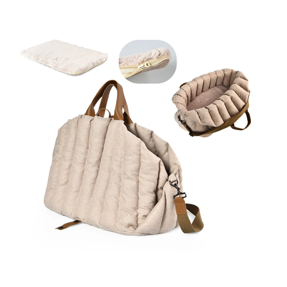

Custom Wholesale Multifunctional Twill Faux Linen Warm Sling Pet Carrier Bag Travel Dog Car Seat Safety Bed With Removable Soft