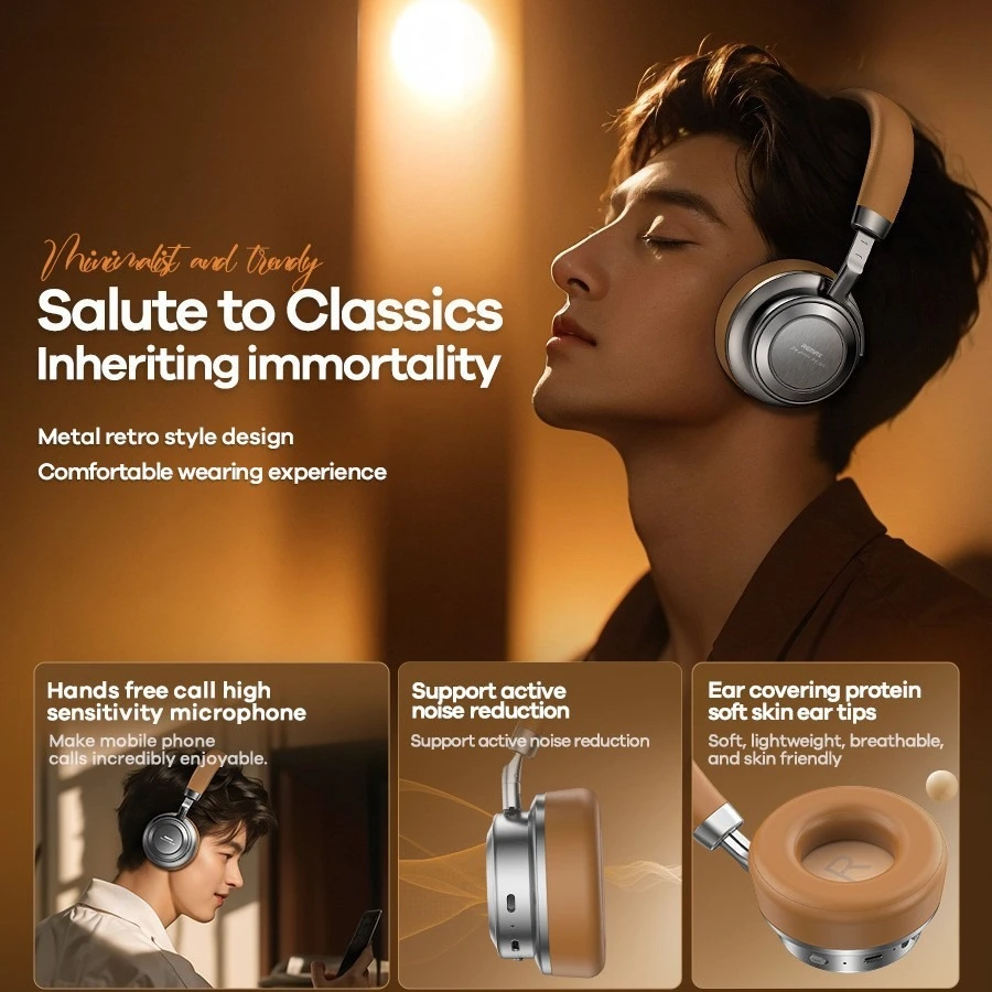 RB-980HB ANC Active Noise Cancelling Wireless Headphones, Retro Metal Over-Ear Bluetooth Headset with Mic view 3