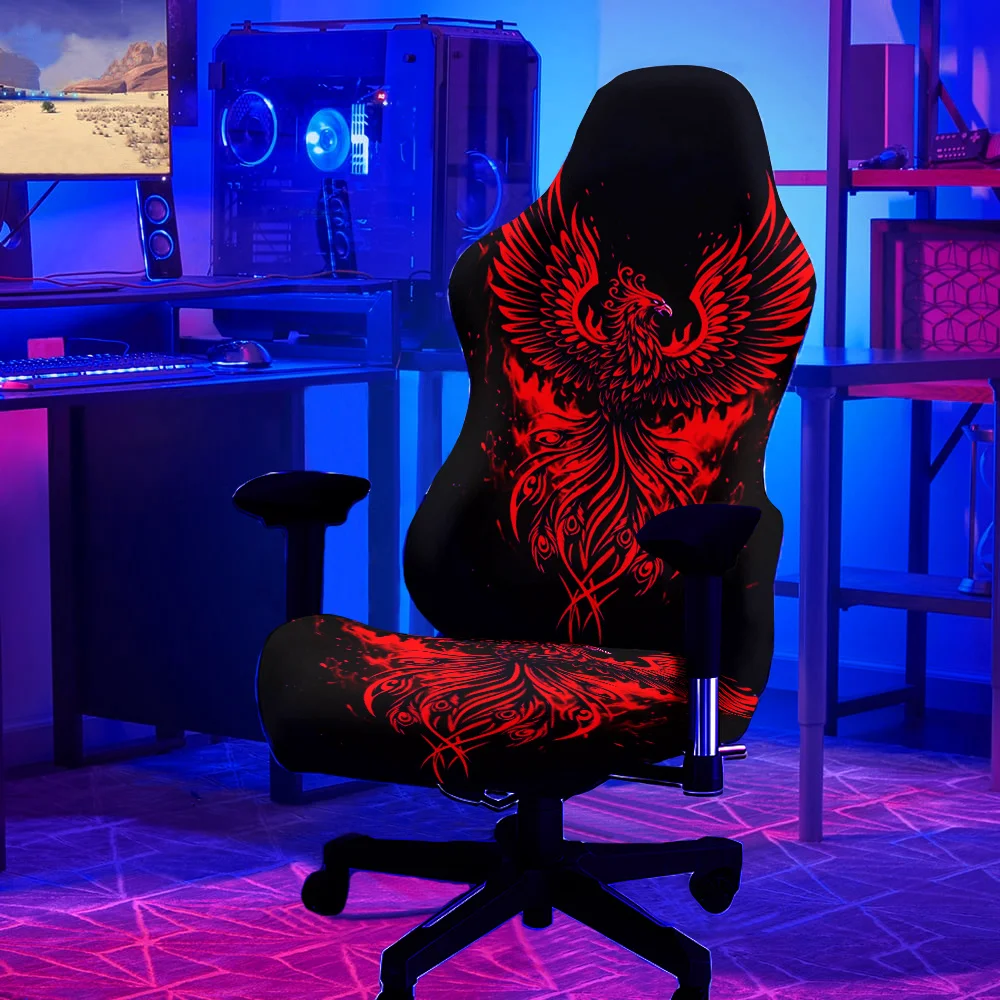 Ein Set Red Phoenix Computerstuhlbezüge, im Dunkeln leuchtende Gaming-Stuhlbezüge, elastischer Stoff, Dekoration für Büro- und Schlafzimmerstühle