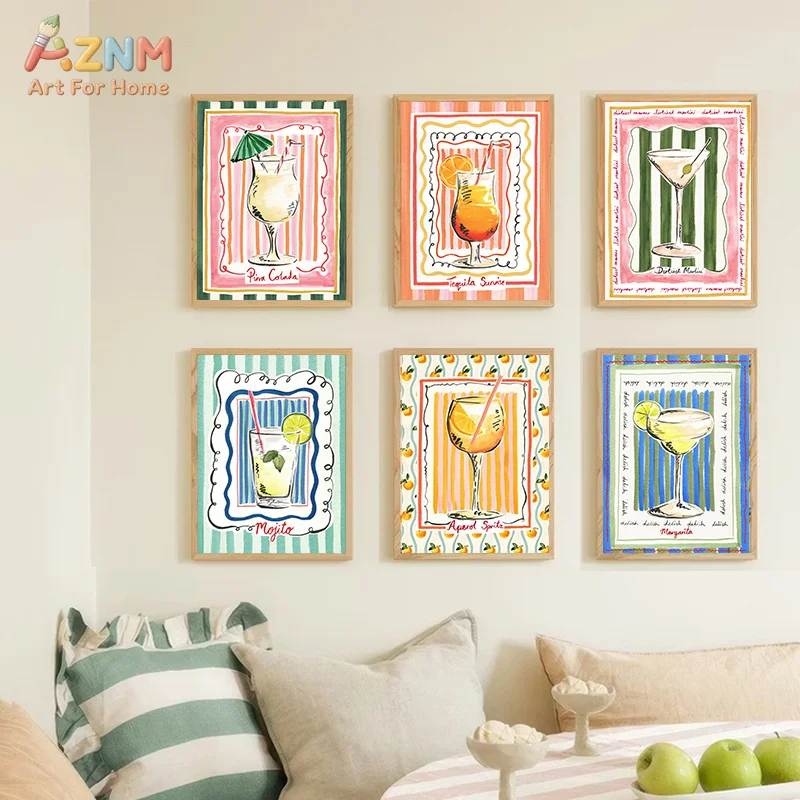 AZNM Colorful Cocktail Canvas Wall Art Hand Drawn Drink Striped Background Bar Kitchen Art Print Frameless Canvas Painting Home