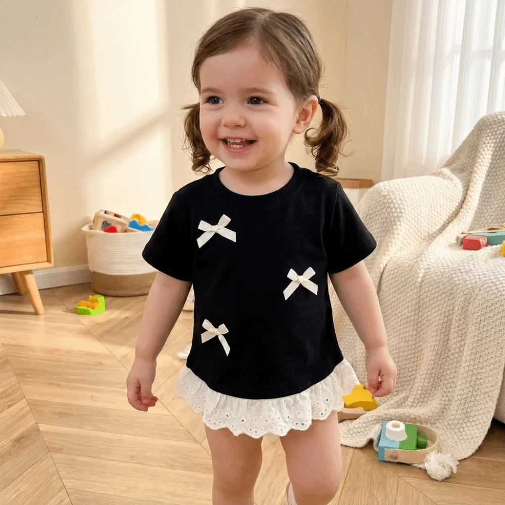 Casual Lace Trim Girls Bow T-shirt Round Neck Sweet Short Sleeve Children's Tees Summer