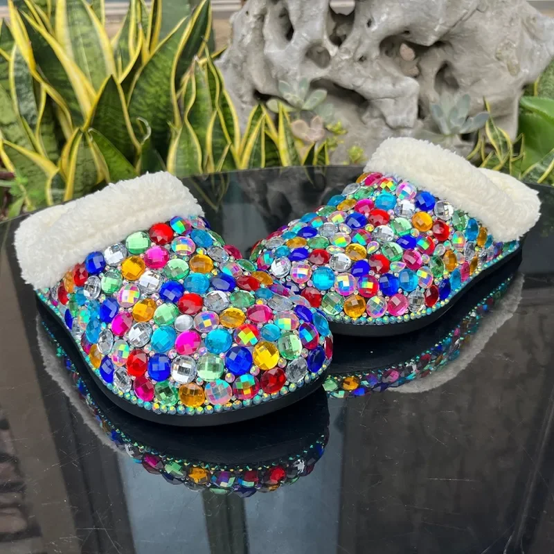 

Шикарные плюшевые зимние тапочки ручной работы, женские тапочки с отверстиями из стразов, сабо из ЭВА с бриллиантами, сандалии на меховой подкладке, размер 36-45