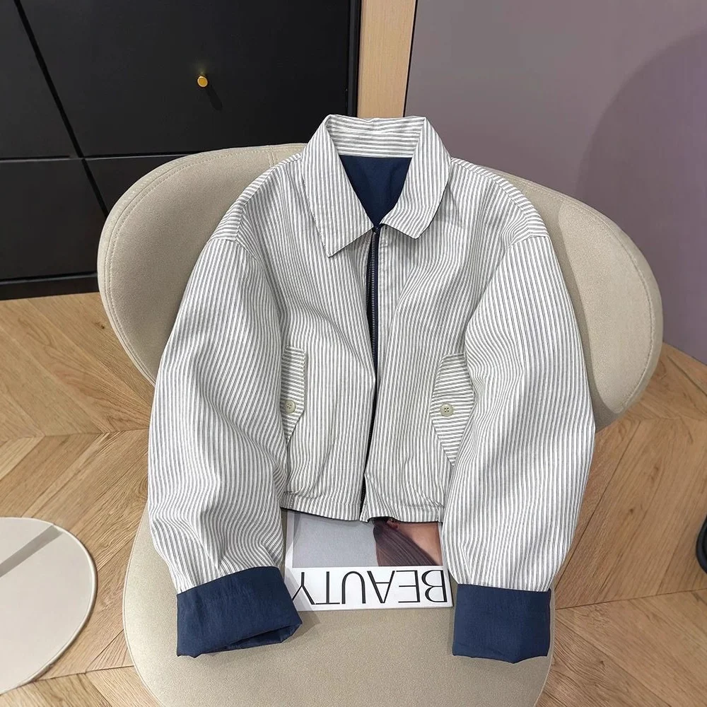 

Korean Double-sided Striped Jacket For Women's Spring 2026 New Retro Versatile Loose Long Sleeved Top Temperament Lapel Outwear
