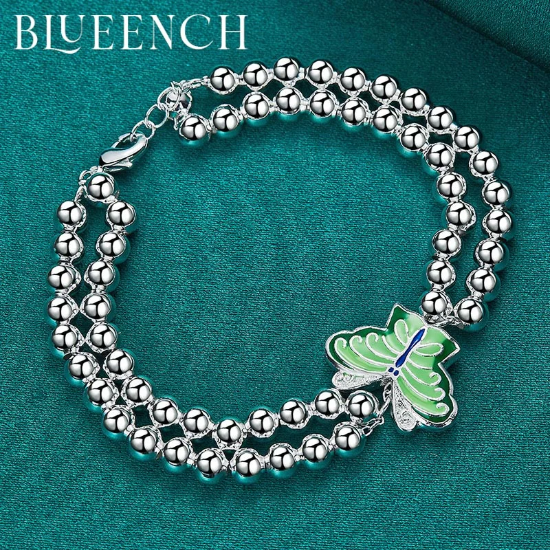 Blueench 925 Sterling Silver Double Layer String Butterfly Pendant Bracelet for Ladies Wedding Party Fashion Temperament Jewelry