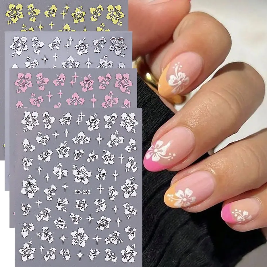 6/4/2/1pcs Hibiscus Flower Nail Stickers Summer Decor Pink White Flowers Hibiscus Floret Nail Decal DIY 8*10cm Hibiscus Slider