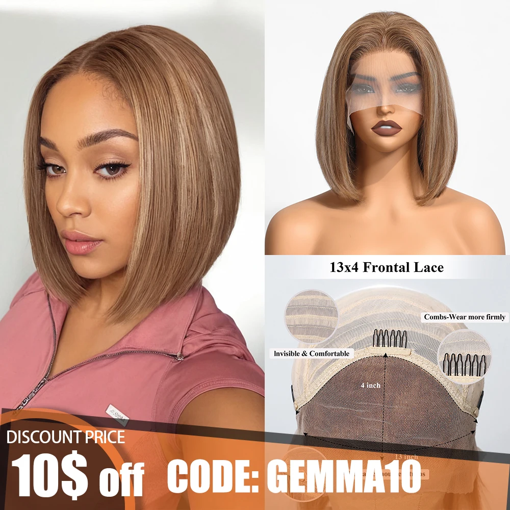 

Remy Human Hair 13X4 HD Lace Frontal Afro Bob Wigs Short Straight Golden Brown Highlight Blonde Hair Wig for Black Women 12inch