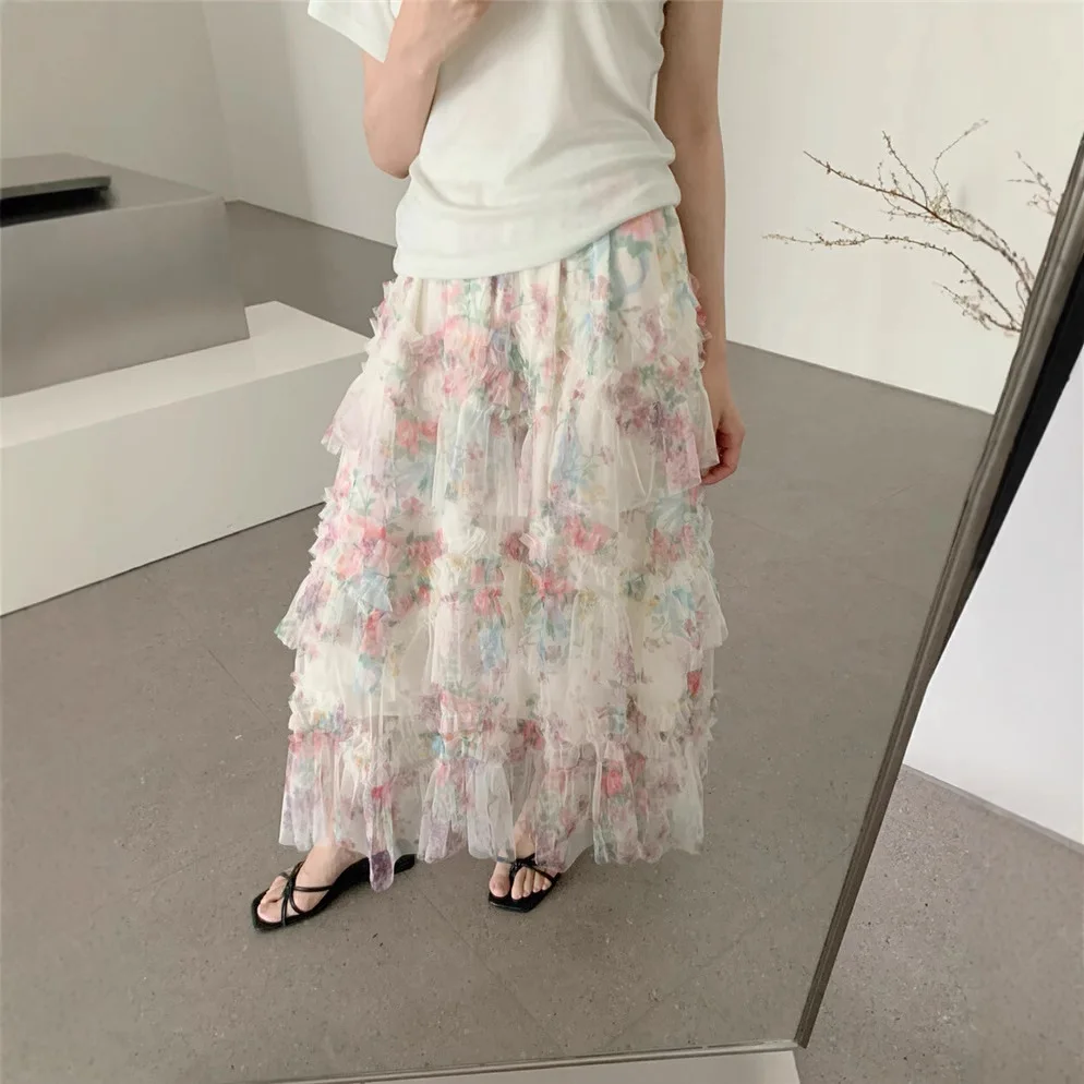 

8122 Romantic Atmosphere Watercolor Print Midi Summer French Elastic Waist Floral Mesh Ruffle Skirt