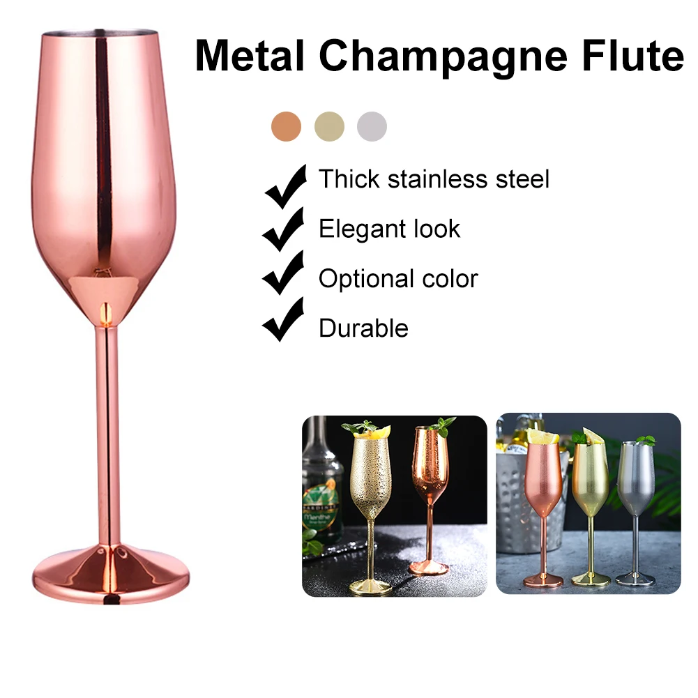 220ml Stainless Steel Champagne Flute Glass Unbreakable Wine Cup Gold Silver Cocktail Glass Metal Flute Home Bar Party Supplies