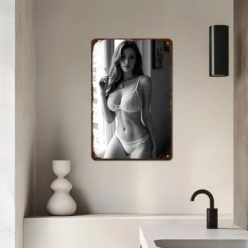 Retro Black & White Lingerie Model Metal Tin Sign - Vintage Realistic Wall Art, Iron Material, for Bathroom/Bedroom Decor, 2D Re