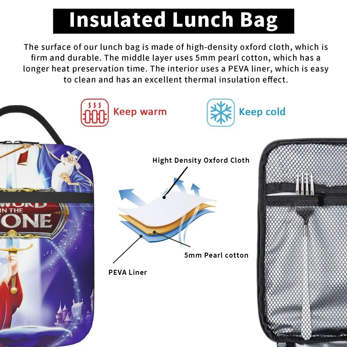 السيف في الحجر أفلام الرسوم المتحركة الحرارية معزول حقيبة الغداء المرأة حاوية الغداء القابلة لإعادة الاستخدام لتخزين المواد الغذائية المدرسية