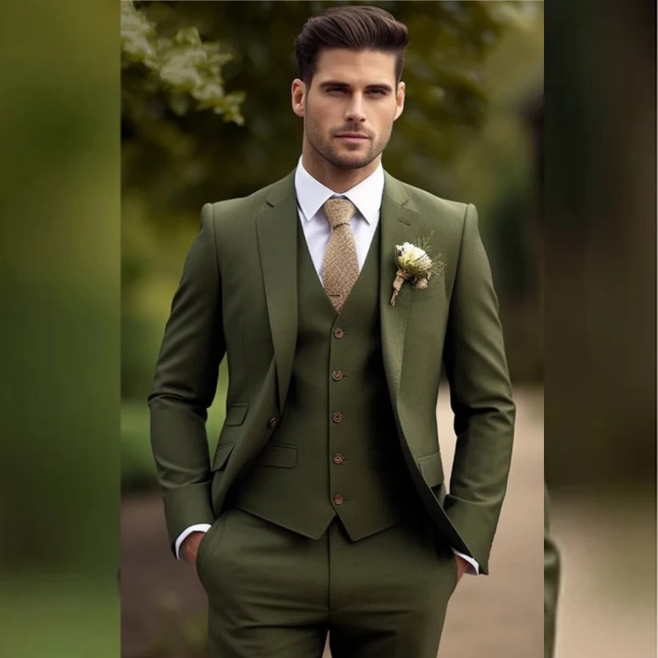 

Tailor Elegant Men's Suits Green Blazer Single Breasted Notched Lapel Flat Regulat Full Set Skinny 3 Piece Jacket Pants Vest