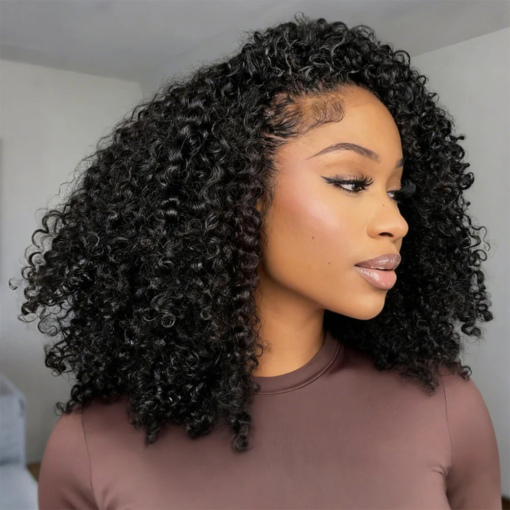 Halve pruik van echt haar, lijmloze pruiken upgrade 3-in-1 trekkoord naadloze clip-ins omkeerbare kinky krullen pruik zonder lijm dames 16 inch