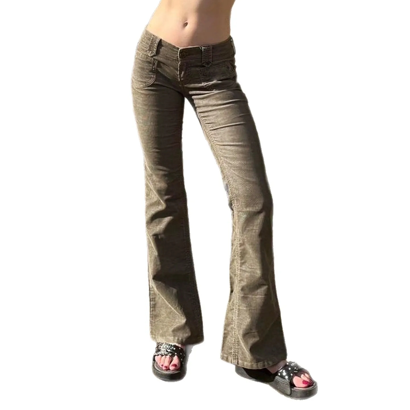 Niedrige Taille Cord-Schlag-Arbeitshose Damen Lässige Hose mit geradem Bein Niedrige Taille Bell Bot Arbeitskleidung Sommer Faion