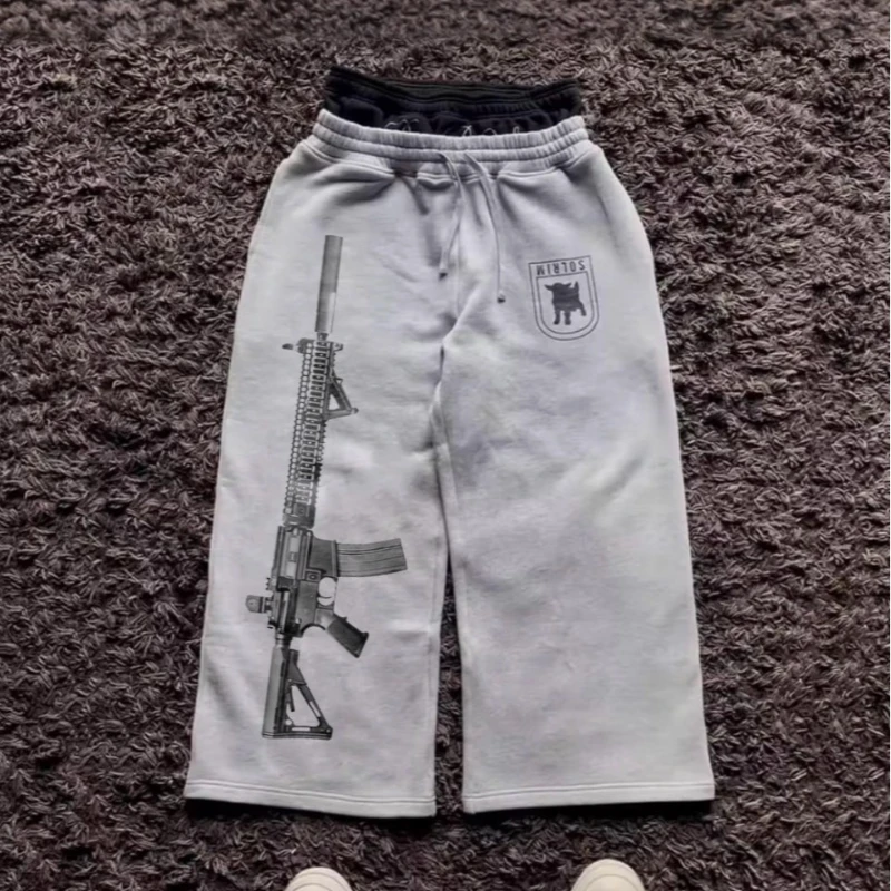 Oversized Gray Sweatpants with Gun Graphic Men's 2025 New Streetwear Loose Wide Leg Pants Hip Hop Casual Trousers