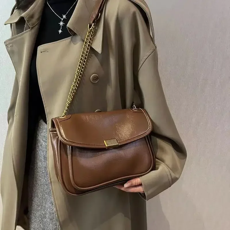 Vintage Brown Chain Bag New High Capacity Casual Simple Shoulder Bag PU Leather Commuter Crossbody Bag