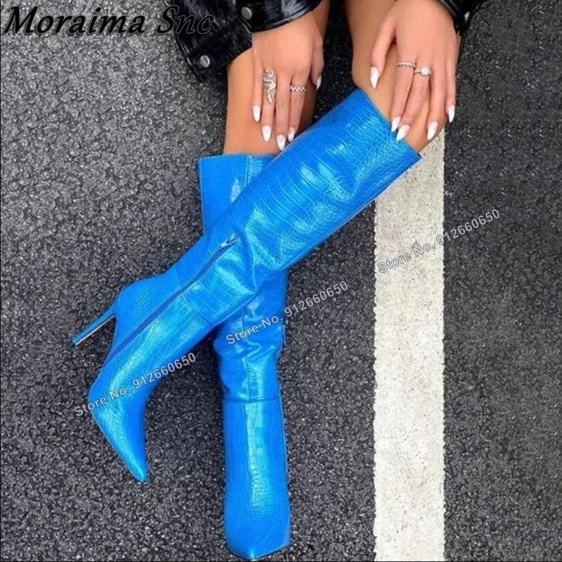 모라이마 Snc 블루 솔리드 스톤 프린트 여성용 부츠 포인티드 토 슬립온 니하이 부츠 스틸레토 하이힐 런웨이 슈즈