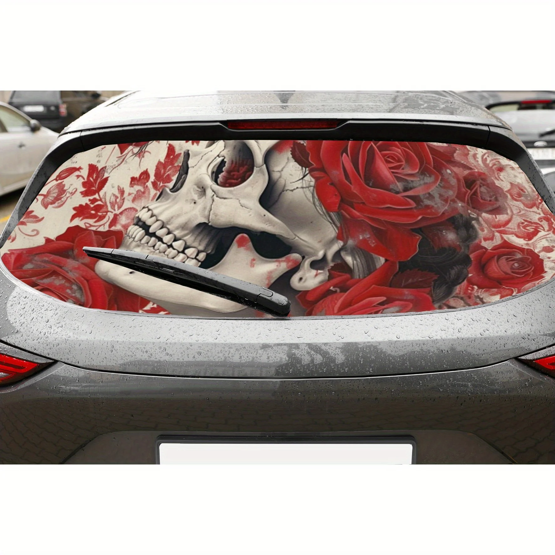 

Skull and Red Rose Tattoo Art Car Rear Window Vinyl Wraps, Waterproof Self-adhesive Car Vinyl Wraps, Surface Protection, Persona