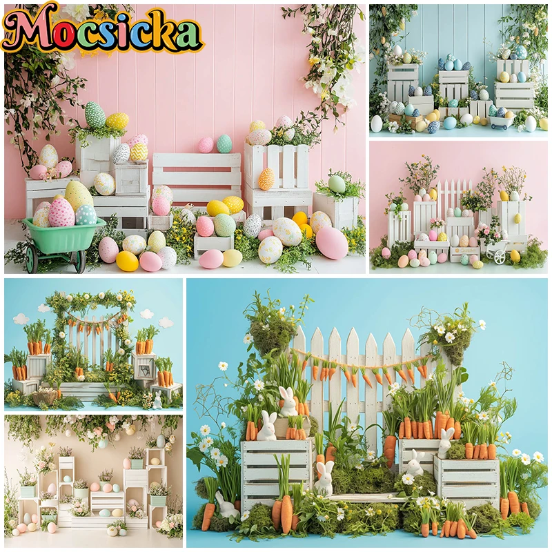 Mocsicka Easter Background Photography Egg Carrot Rabbit Decorations Pink Blue Wall Spring Backdrops Shooting Props Photo Studio